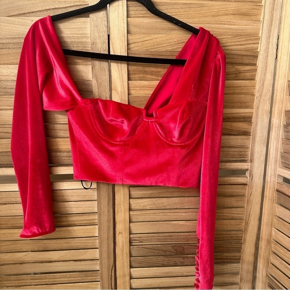 SELF-PORTRAIT One-shoulder Velvet Crop Top in pink size 2 - Picture 5 of 9